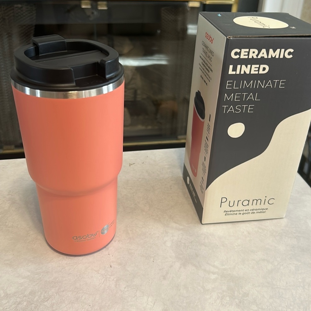 New ABSOBU Puramic Ceramic Lined Travel Mug Crabapple No Metal Taste 22 oz